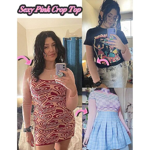 🆕 Women Pink Mesh Crop Top Long Sleeve See Through Shirt Sexy Sheer Cropped Tee - Picture 2 of 6